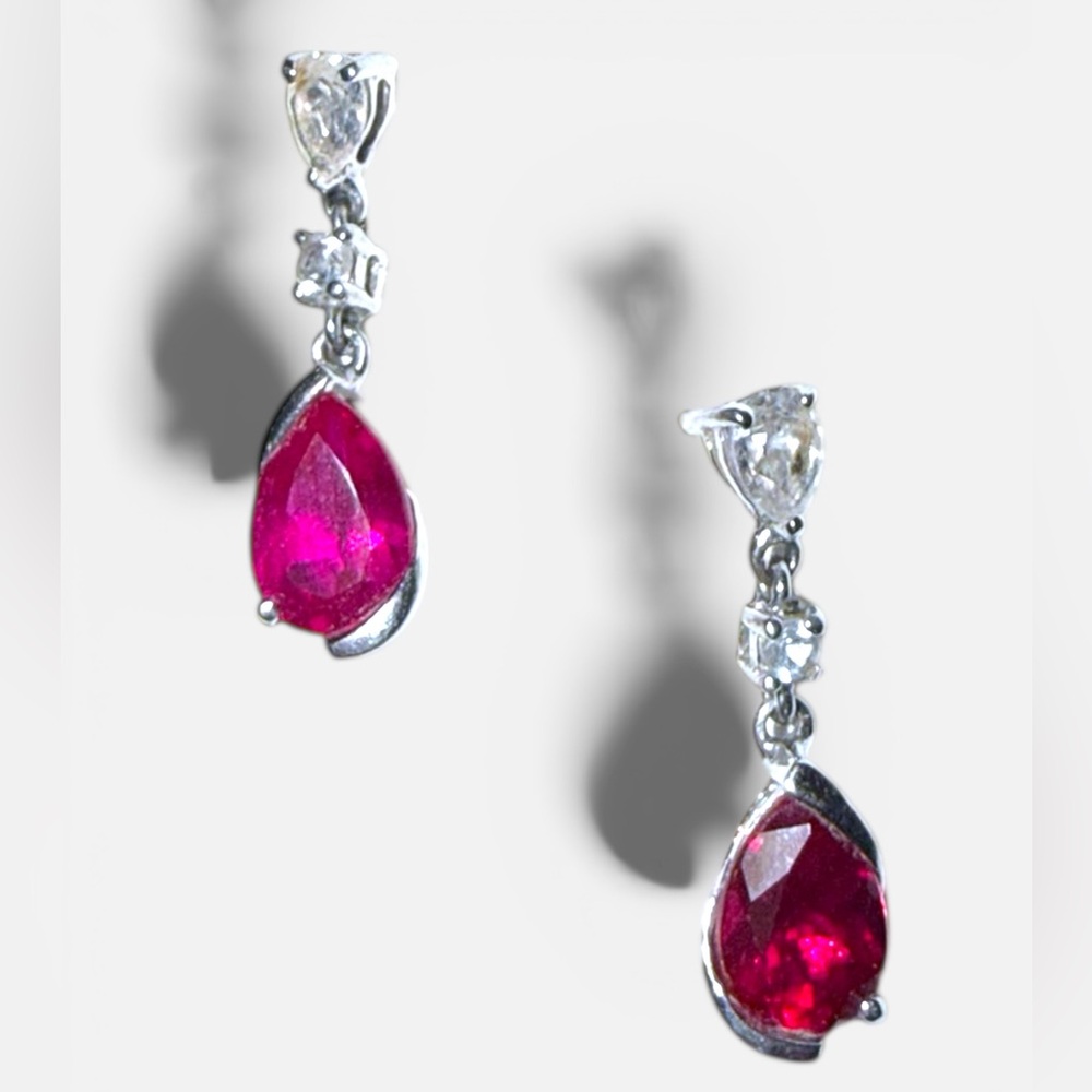 Authentic Genuine Ruby & Diamond Drop Earrings w/ Certificate 14K Gold - Picture 4 of 16